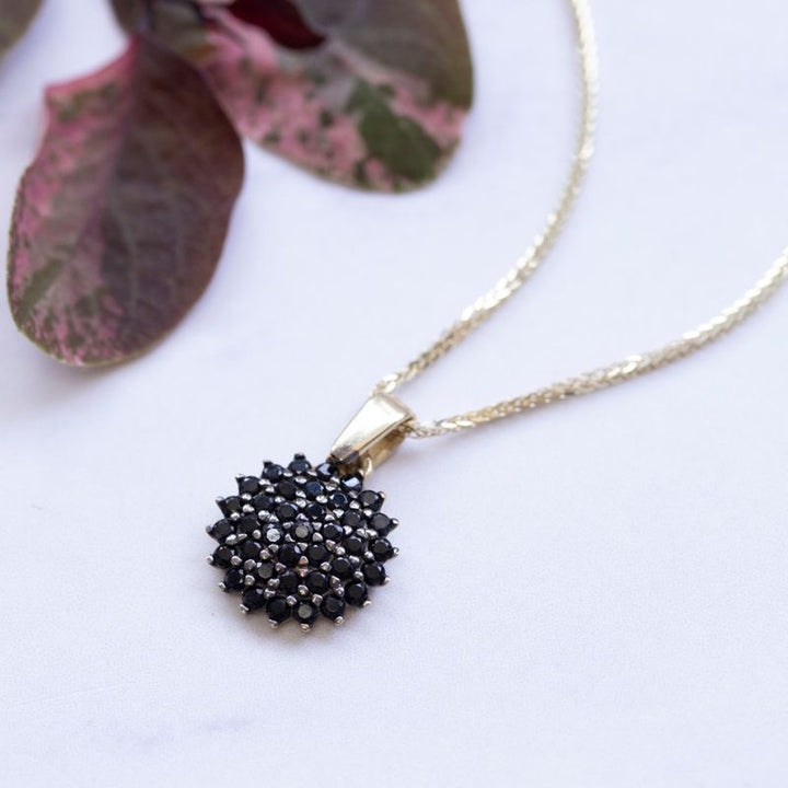 14k Solid Gold Round Pendant With Black CZ Gemstones