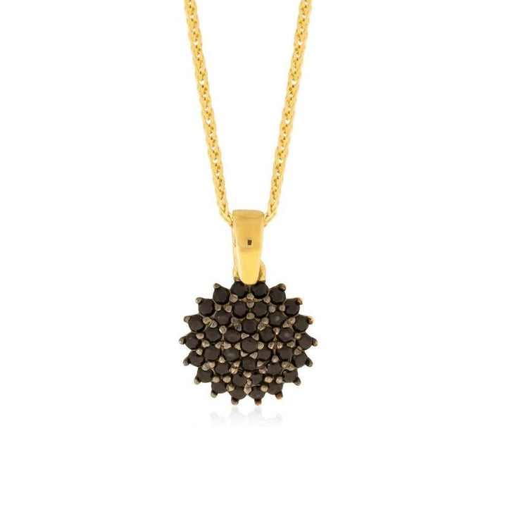 14k Solid Gold Round Pendant With Black CZ Gemstones