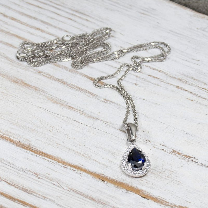 14k Solid Gold Drop Pendant With Dark Blue CZ Gemstones