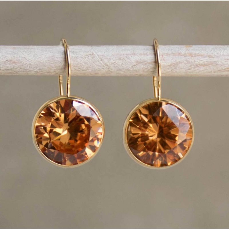 14K Yellow Gold Round Champagne Cubic Zirconia 12mm Dangle Earrings
