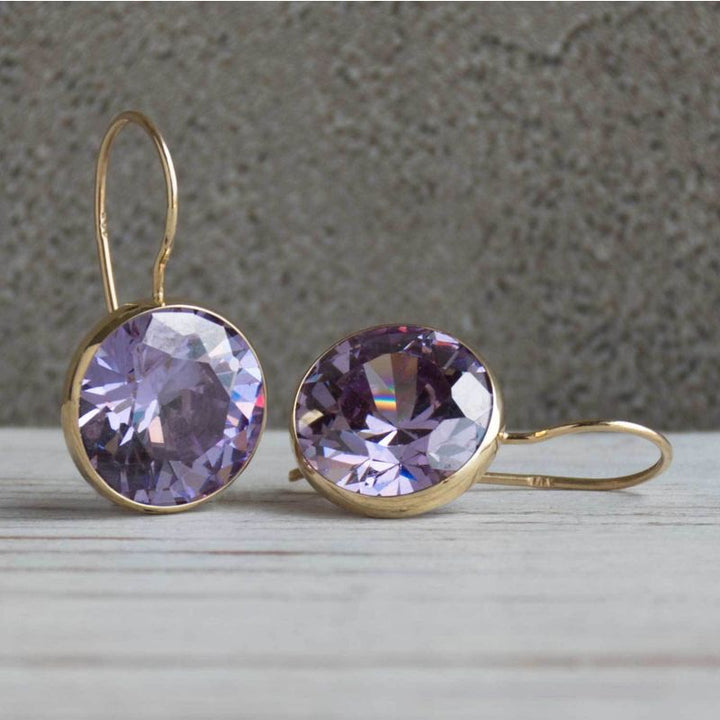 14K Yellow Gold Large Purple Cubic Zirconia 12mm Dangle Earrings