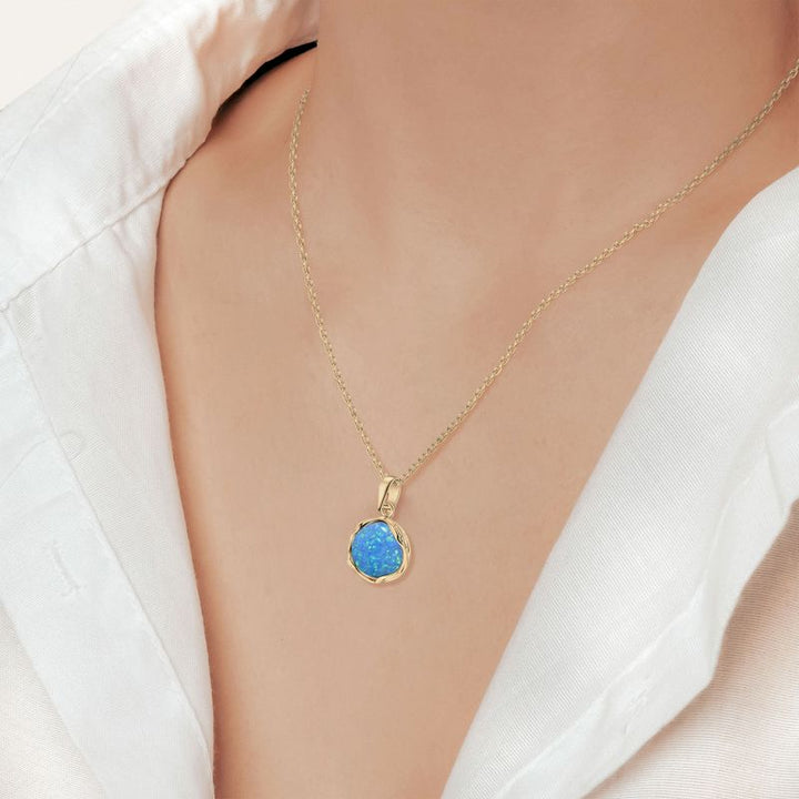Yellow Gold Plated Round Blue Opal 12mm Pendant