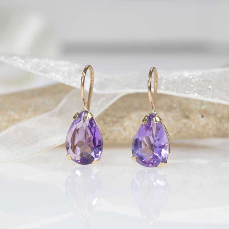 14K Yellow Gold Teardrop Dangle Earrings Inlaid with Amethyst