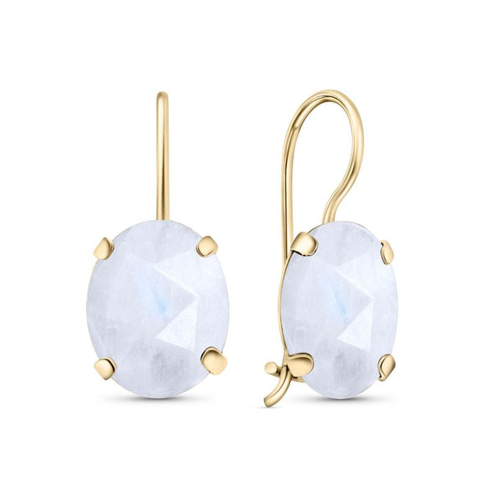 14K Yellow Gold Oval White Moonstone 8X10mm Dangle Earrings