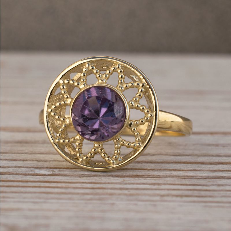 14K Yellow Gold Round Purple Amethyst Ring - Floral Ring , Handmade 