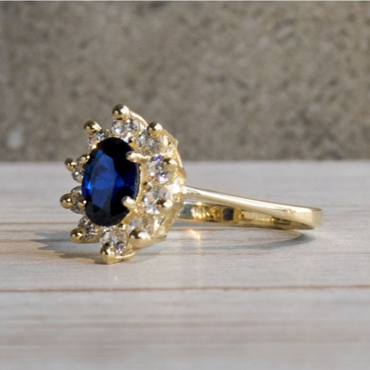 14K Yellow Gold Oval Blue Cubic Zirconia 7X5mm Ring