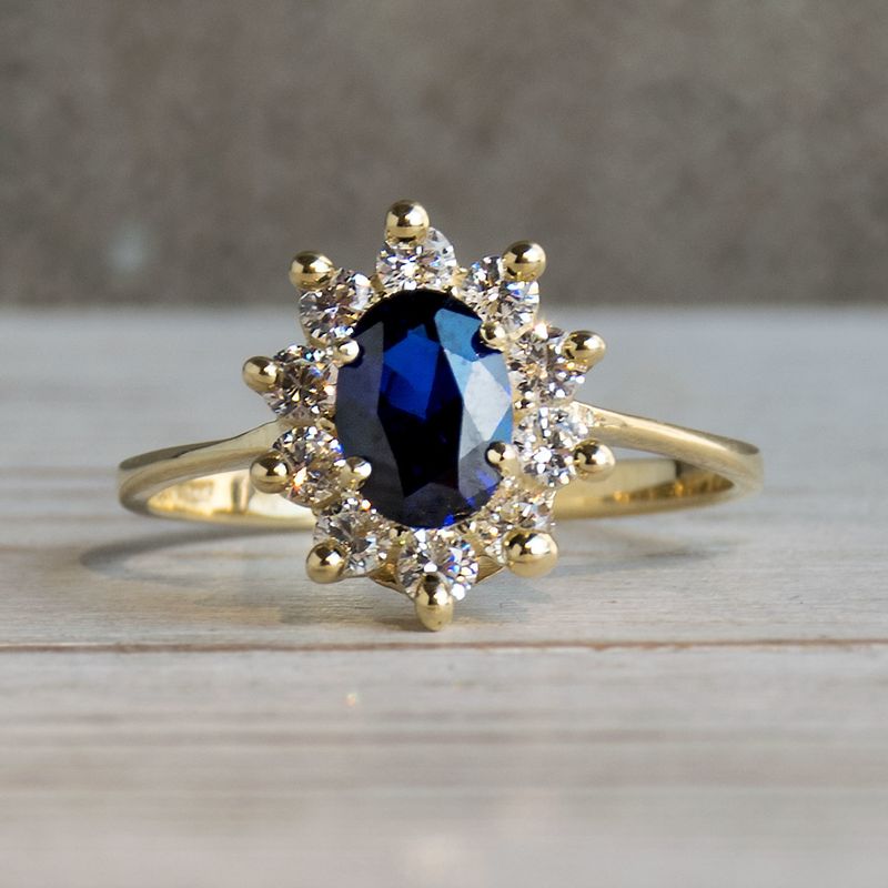 14K Yellow Gold Oval Blue Cubic Zirconia 7X5mm Ring