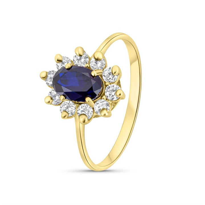 14K Yellow Gold Oval Blue Cubic Zirconia 7X5mm Ring