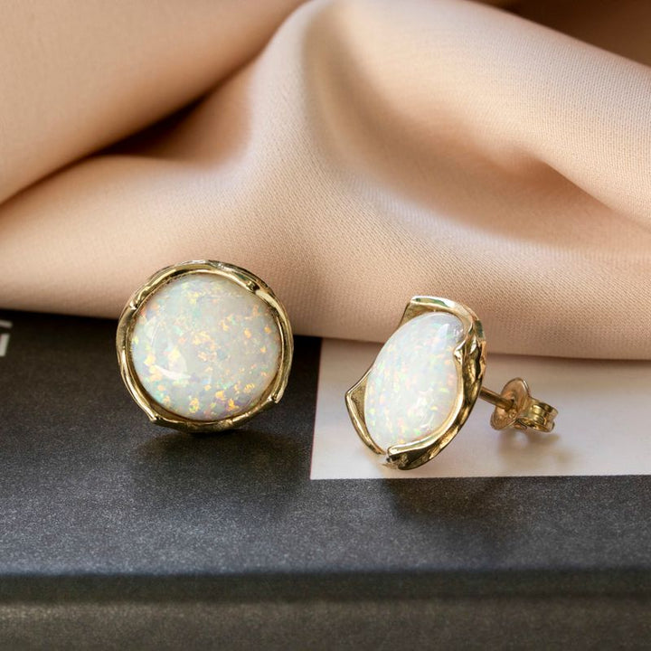 14K Yellow Gold Round White Opal 12mm Stud Earrings