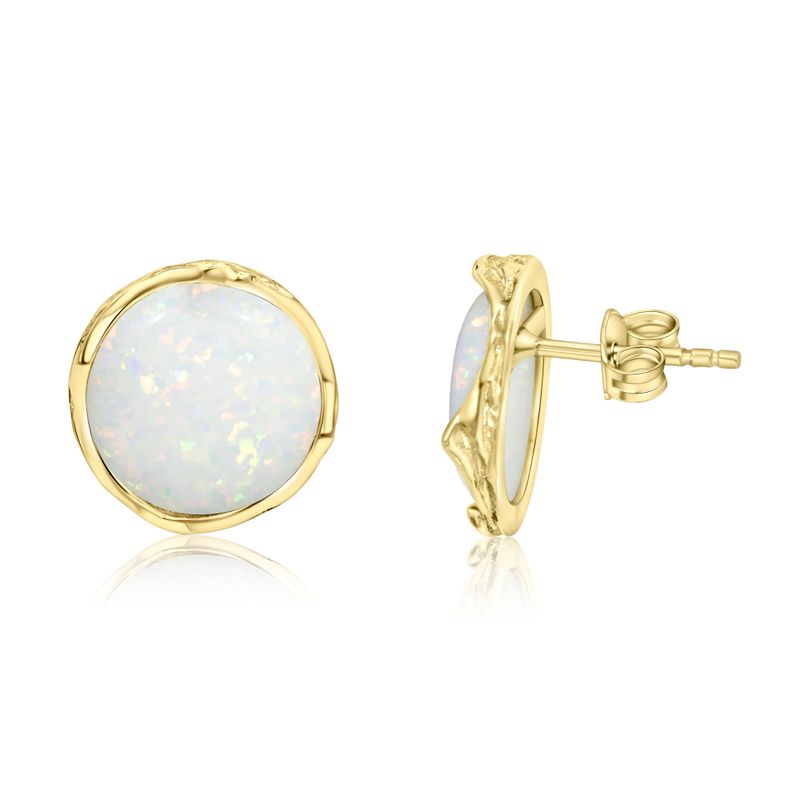 14K Yellow Gold Round White Opal 12mm Stud Earrings
