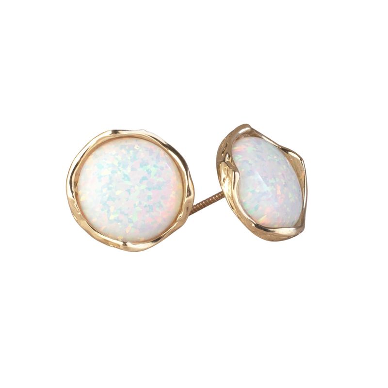 14K Yellow Gold Round White Opal 12mm Stud Earrings