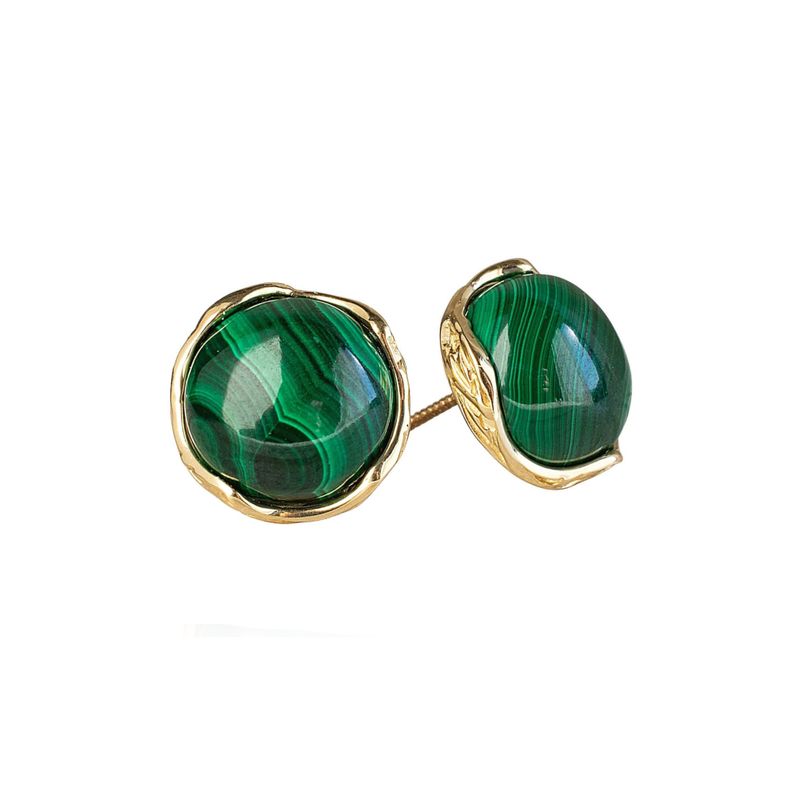 14K Yellow Gold Round Green Malachite 12mm Stud Earrings