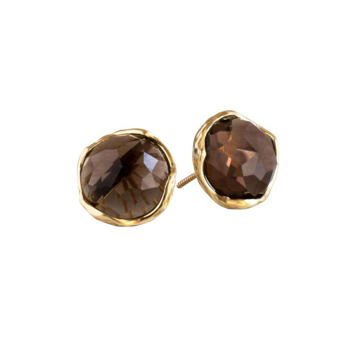 14K Yellow Gold Round Brown Smoky Quartz 12mm Stud Earrings