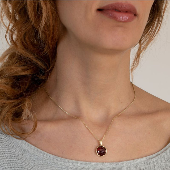 14K Yellow Gold Red Garnet 12mm Pendant