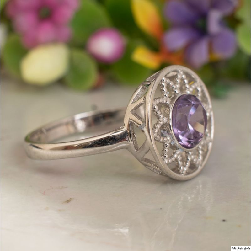 14K White gold Round Purple Amethyst Ring - Flower Ring , Handmade