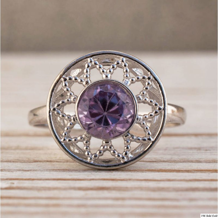 14K White gold Round Purple Amethyst Ring - Flower Ring , Handmade