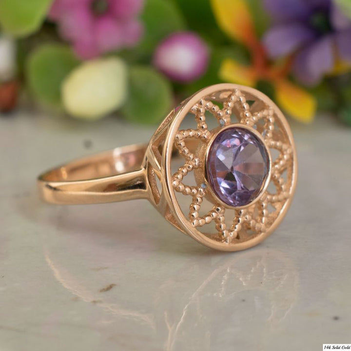 14K Rose gold Round Purple Amethyst Ring - Gift For Her , Handmade