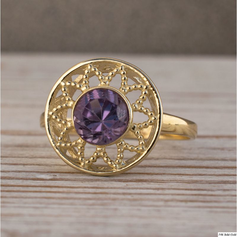 14K Yellow Gold Round Purple Amethyst Ring - Floral Ring , Handmade 