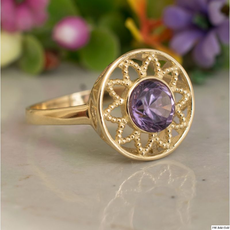 14K Yellow Gold Round Purple Amethyst Ring - Floral Ring , Handmade 