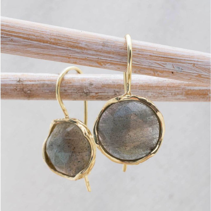 14K Yellow Gold Round Brown Labradorite 12mm Dangle Earrings