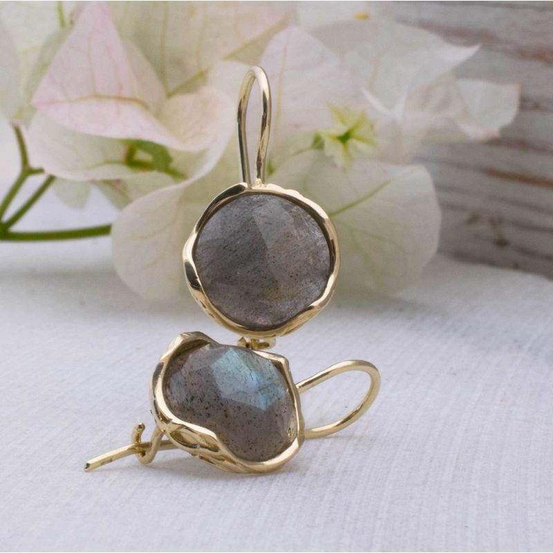 14K Yellow Gold Round Brown Labradorite 12mm Dangle Earrings