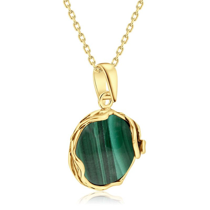 Yellow Gold Plated Round Green Malachite 14mm Pendant