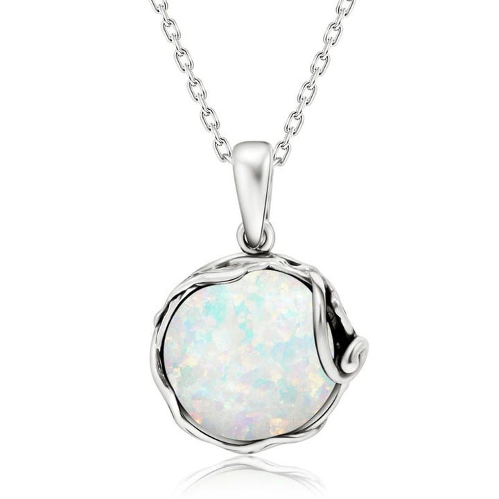 925 Sterling Silver Round White Opal 14mm Pendant