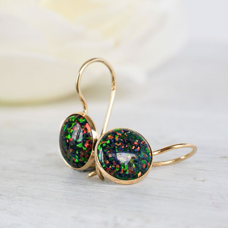 14K Yellow Gold Black Opal Dangle Earrings