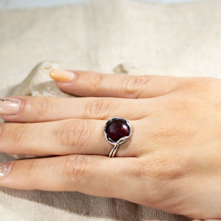 925 Silver Garnet Ring - January Birthstone, Adjustable, Handmade