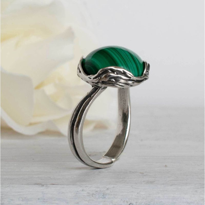 925 Sterling Silver Round Green Malachite 12mm Ring