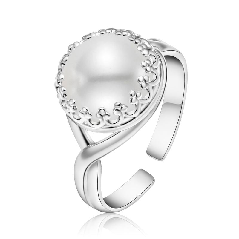 925 Sterling Silver Round White Pearl 10mm Ring