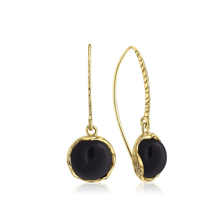 Gold Plated Round Black Onyx 12mm Dangle Earrings