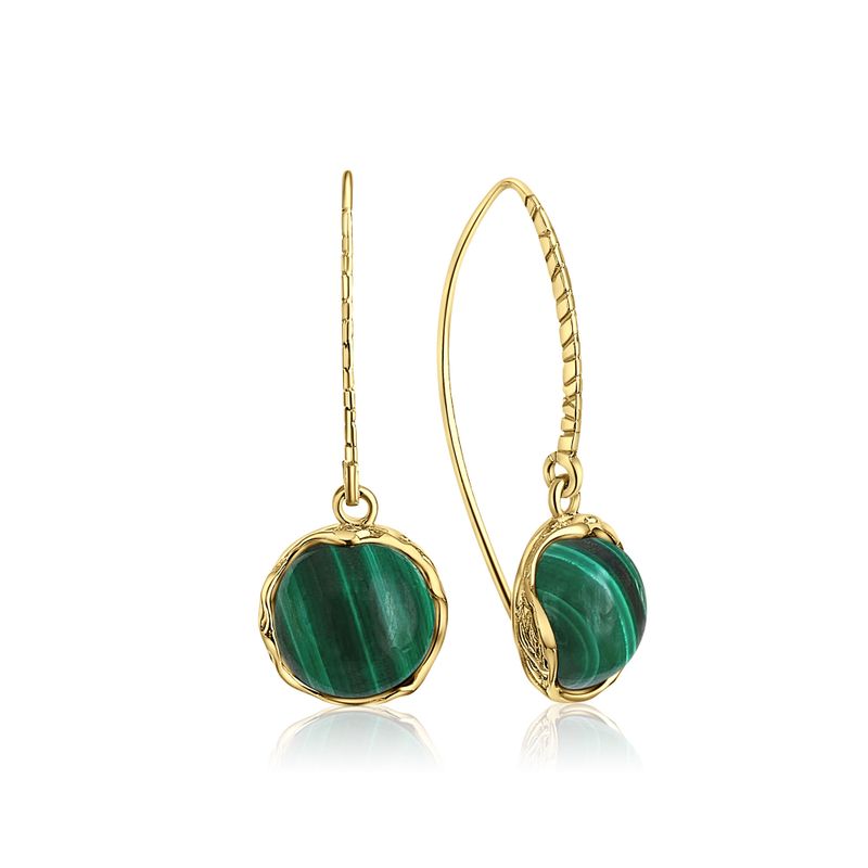 Gold Plated Round Malachite 12mm Dangle Earrings