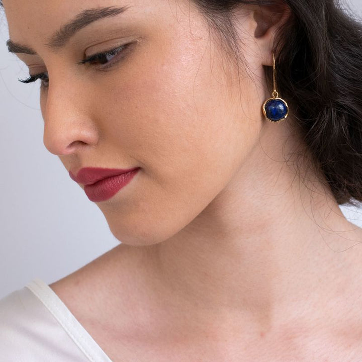 Gold Plated Round Lapis Lazuli 12mm Dangle Earrings