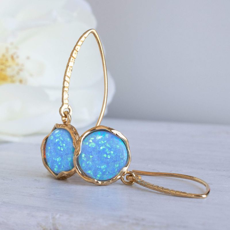 Gold Plated Round Blue Opal 12mm Dangle Earrings