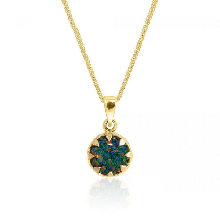 14k Gold Black Opal 8mm Decorate Round Necklace