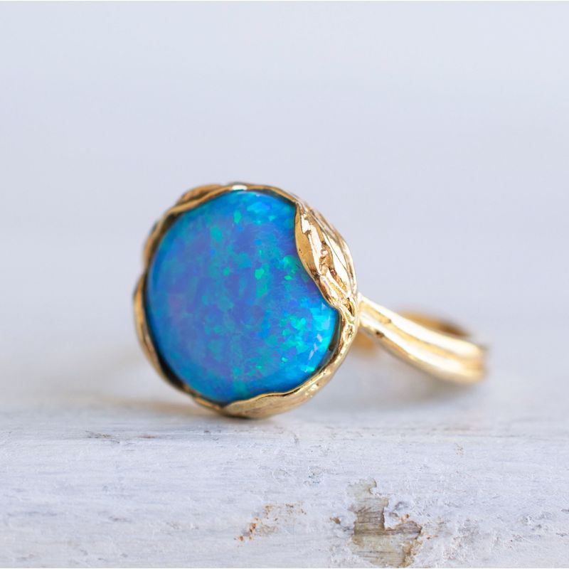 Gold Plated Blue Opal Sizable Large Statement Ring