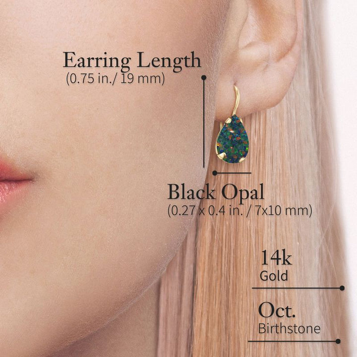 14K Yellow Gold Teardrop Black Opal 7X10mm Dangle Earrings
