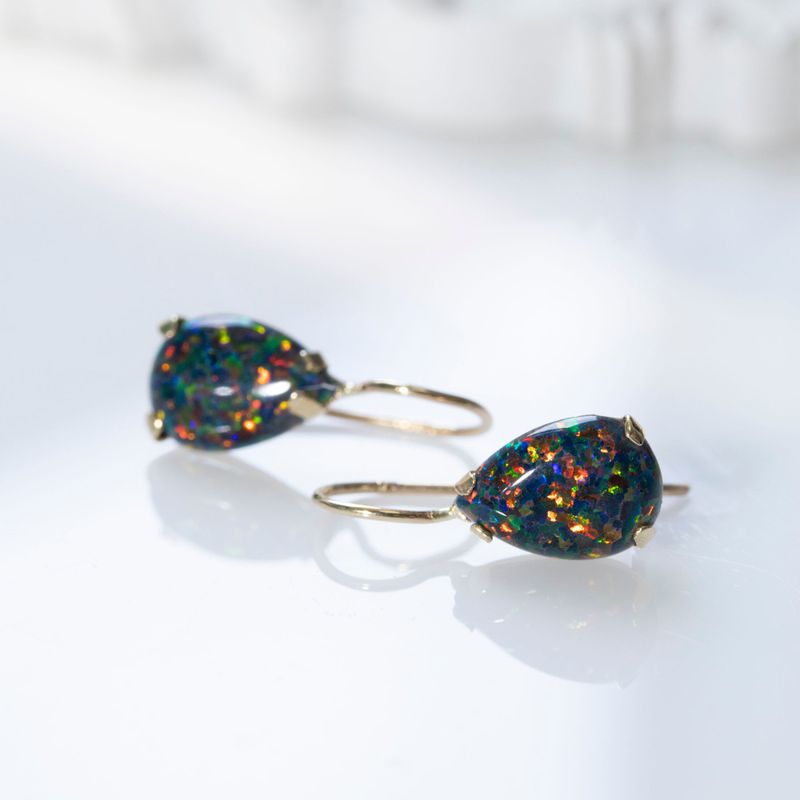 14K Yellow Gold Teardrop Black Opal 7X10mm Dangle Earrings