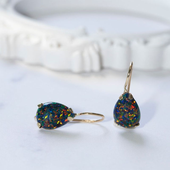 14K Yellow Gold Teardrop Black Opal 7X10mm Dangle Earrings