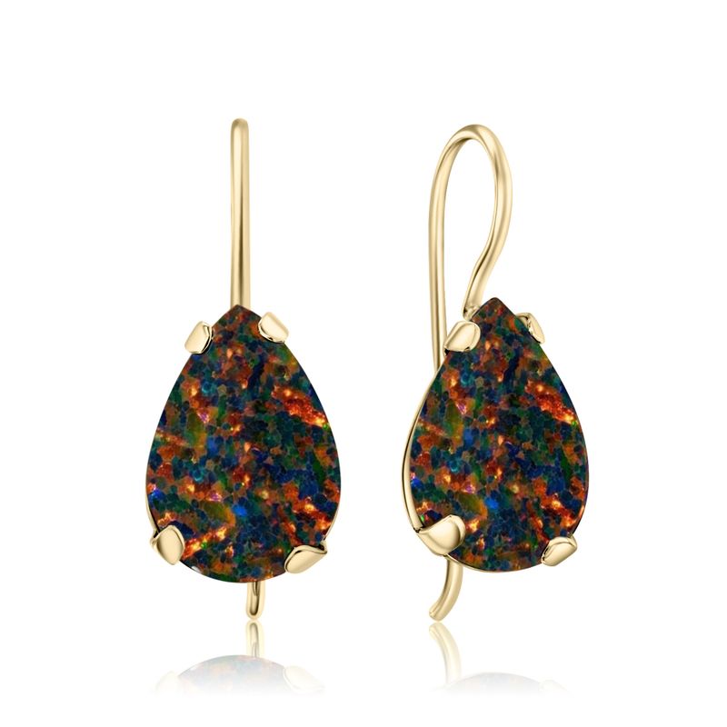 14K Yellow Gold Teardrop Black Opal 7X10mm Dangle Earrings