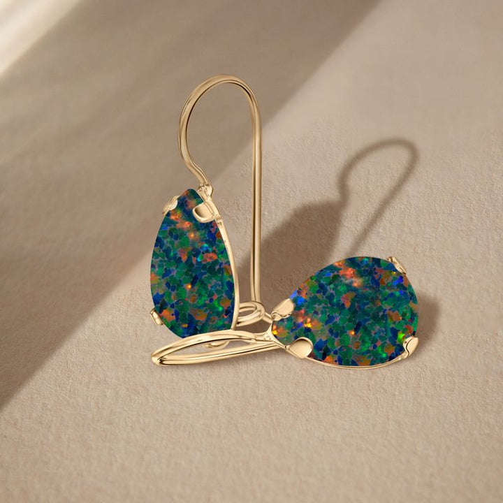 14K Yellow Gold Teardrop Black Opal 7X10mm Dangle Earrings