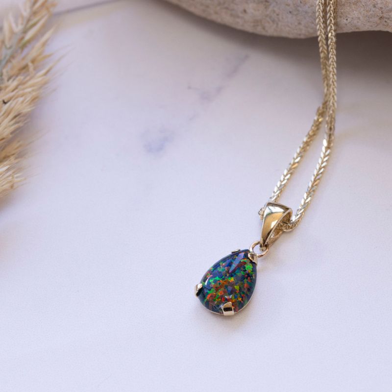 14K Yellow Gold Teardrop Black Opal 7X10mm Pendant