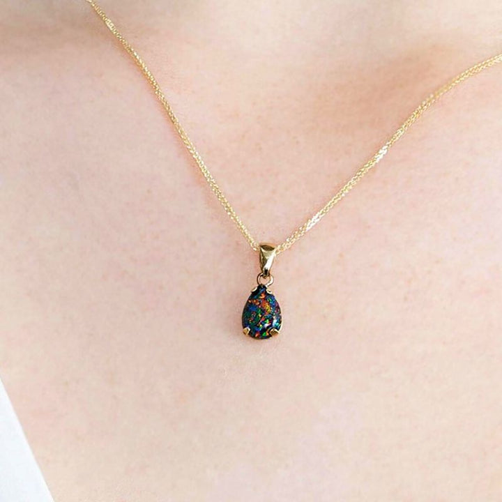 14K Yellow Gold Teardrop Black Opal 7X10mm Pendant