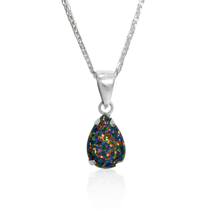 14K White Gold Teardrop Black Opal 7X10mm Pendant