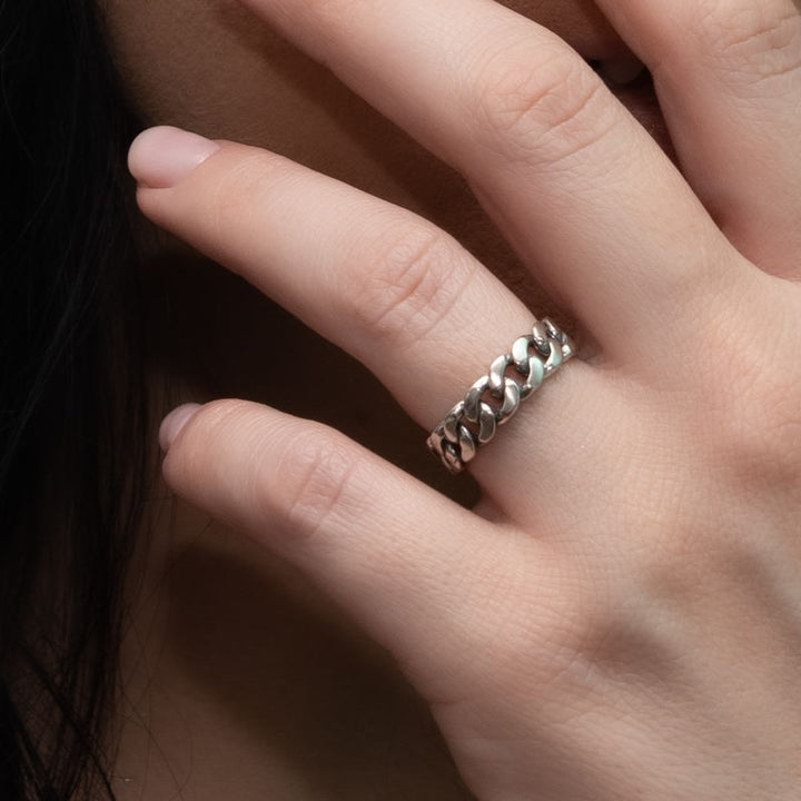 925 Silver Adjustable Chain Ring with Gemstone - Trendy Handmade Jewelry