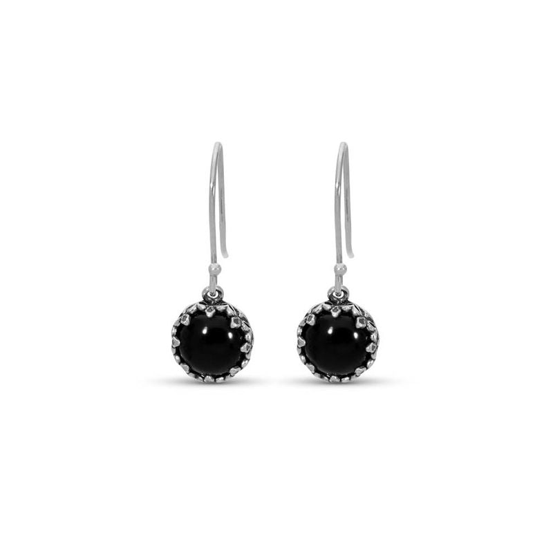 Silver Drop Earrings Onyx 8mm Cabochon Round