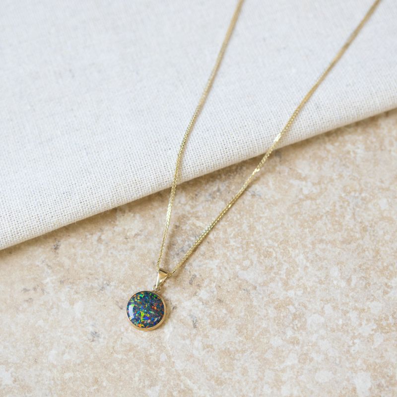 14K Yellow Gold Round Black Opal 12mm Pendant