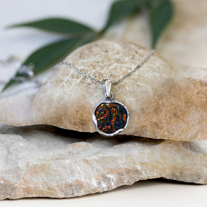 925 Sterling Silver Black Opal Vintage Style 12mm Pendant