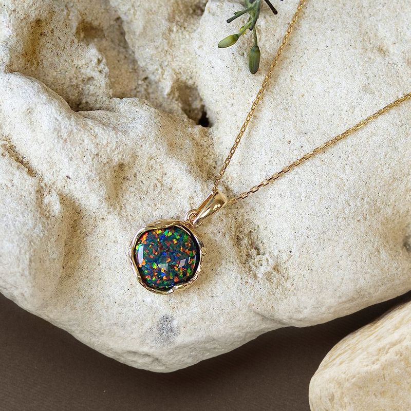 Yellow Gold Plated Black Opal Vintage Style 12mm Pendant